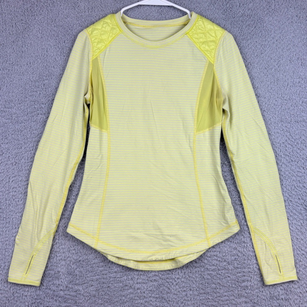 Lululemon Shirt Womens 4 Yellow Run Ice Queen Elbow Patch Thumbhole Striped